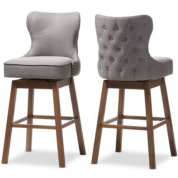 Baxton Studio Gradisca Grey Button-Tufted Upholstered Swivel Barstool, PK2 129-7073